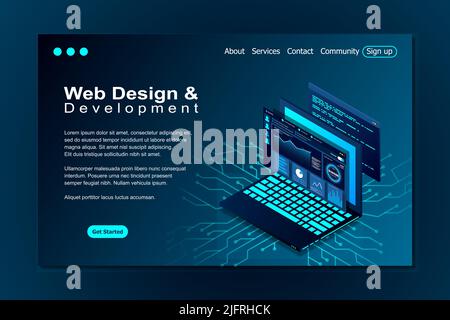 Web design and development vector isometric illustrations. web design development concept programming language program code big data processing on lap Stock Vector