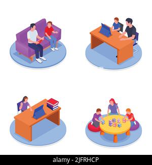 Isometric homeschooling and family education 2x2 design concept with children study with their parents and have online classes isolated vector illustr Stock Vector