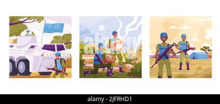 Peacekeepers colored flat icon set with food and security for civilians military vehicles vector illustration Stock Vector