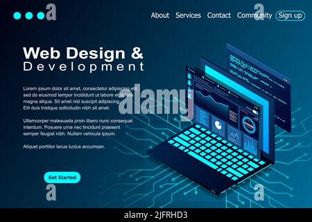 Web design and development vector isometric illustrations. web design development concept programming language program code big data processing on lap Stock Vector