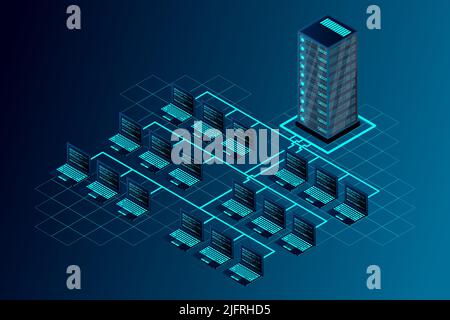 Transfer of user data to the server. Data flow. Data storage. Server. Digital space. Data center. Big Data. Conceptual illustration. Isometric vector Stock Vector