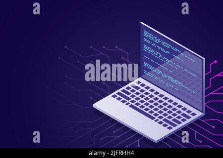 Web programming vector isometric illustrations. web programming concept programming language program code big data processing on laptop screen. Vector Stock Vector