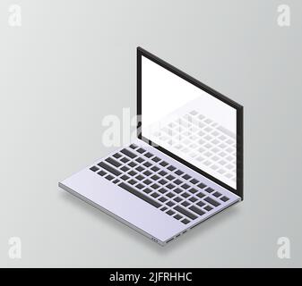 Vector 3d isometric laptop computer. Isometric mock up of laptop. 3d laptop mockup. Computer with blank screen for app. Laptop with open display. Vect Stock Vector