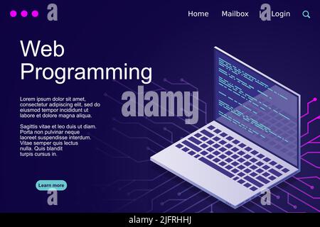 Web programming vector isometric illustrations. web programming concept programming language program code big data processing on laptop screen. Vector Stock Vector