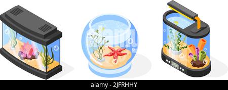 Isometric set of glass aquarium and fish bowl with water starfish plants and corals isolated on white background vector illustration Stock Vector