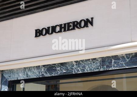 Cannes , paca  France - 06 15 2022 : Boucheron text sign and logo brand of French luxury jewellery and watches house from Paris on Place Vendôme Stock Photo