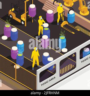 Toxic waste nuclear chemical pollution biohazard isometric colored composition with digging a pit to bury hazardous waste in the ground vector illustr Stock Vector