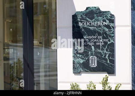 Cannes , paca  France - 06 15 2022 : Boucheron black marble luxury store sign text and brand logo from place Vendome in Paris France Stock Photo