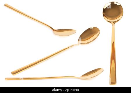 spoon brass gold isolated on white background. silver eat retro. teaspoon steel art design food metal tool vintage restaurant kitchenware cooking Stock Photo