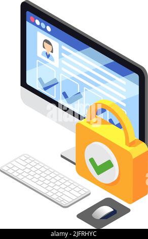 Protected personal data isometric icon with 3d computer and lock vector illustration Stock Vector