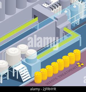 Toxic waste nuclear chemical pollution biohazard colored isometric composition with waste treatment description vector illustration Stock Vector