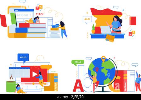 Language school 2x2 design concept set of flat compositions with people studying online vector illustration Stock Vector
