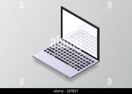 Vector 3d isometric laptop computer. Isometric mock up of laptop. 3d laptop mockup. Computer with blank screen for app. Laptop with open display. Vect Stock Vector