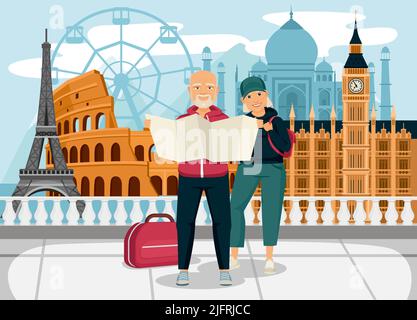 Elderly people travel composition with doodle style characters of old couple in front of famous landmarks vector illustration Stock Vector