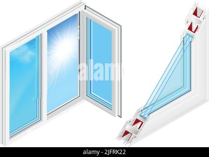 Plastic windows installation design concept with opened casement and cross section profile isometric colored elements isolated vector illustration Stock Vector