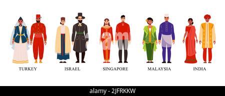 Flat set of asian men and women in their national clothes isolated vector illustration Stock Vector