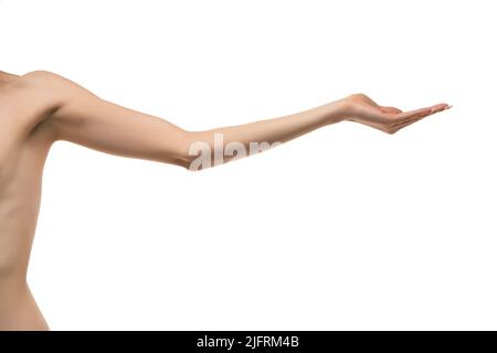 Young woman's stretched skinny arm thumb up. Isolated on pink background  Stock Photo - Alamy