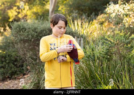 A boy holding an australian red and blue female eclectus parrot, the parrot is wearing a harness and is outside Stock Photo