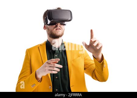 Businessman using vr headset Stock Photo