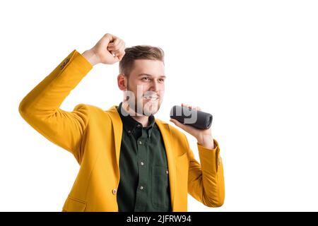 Man enjoying music on boombox Stock Photo