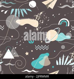 Abstract seamless pattern with space and geometric shapes. Vintage psychedelic background for wallpapers, covers, brochures, flyers, presentations Stock Vector