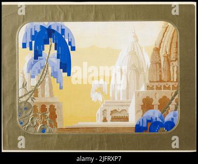 19041 'Abstract representation of an exotic landscape in blue, yellow, brown, white and gold with a golden frame. Stock Photo