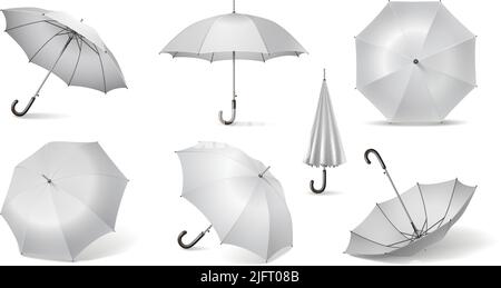 White realistic umbrella icon set with arrangement top side view bottom opened and closed vector illustration Stock Vector