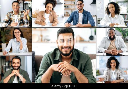 Faces of people of different nationalities. A group of multiracial people gathered for video conference talks, an Indian leader, a mentor, talking with his colleagues, business partners, about work Stock Photo