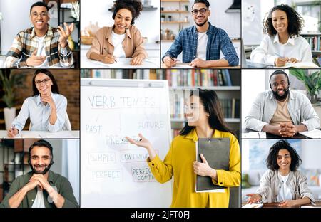 Distance education, online lecture, webinar. Smart caucasian female teacher stands near marker board, tells information, gives online lesson to multiracial students via video conference Stock Photo