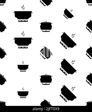 Pan Heating Icon, Frying Pan On Fire Icon Seamless Pattern Vector Art Illustration Stock Vector