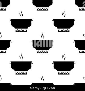 Pan Heating Icon, Frying Pan On Fire Icon Seamless Pattern Vector Art Illustration Stock Vector