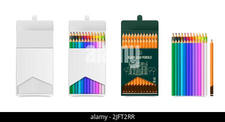 Various realistic packaging templates for black lead and multi colored pencils isolated on white background vector illustration Stock Vector