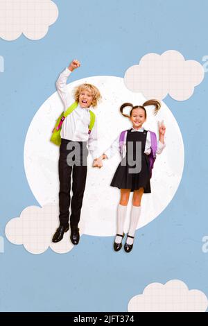 Artwork magazine picture of happy smiling schoolchildren flying air showing v-sign isolated drawing background Stock Photo