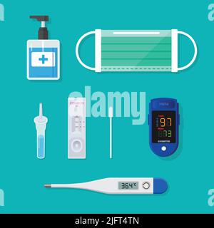 Covid-19 equipments set. Oximeter Medical thermometer and Rapid antigen test kit set. Covid-19 equipment set. Vector illustration Stock Vector