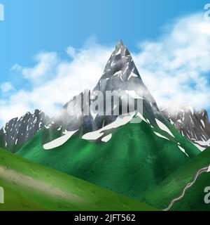 Realistic mountains landscape composition with sky background clouds and rock cliffs with snow spots and grass vector illustration Stock Vector