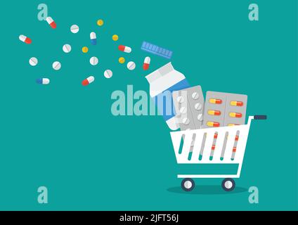 Shopping cart full of medicines. Concept of an online pharmacy. Vector Illustration Stock Vector