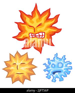 Sun hot cold cartoon design element set color, isolated vector, over white, cut out, horizontal Stock Vector