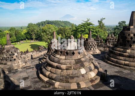 Borobudur is a buddhist temple near the city of Magelang and the town of Muntilan in Central Java, Indonesia. Stock Photo