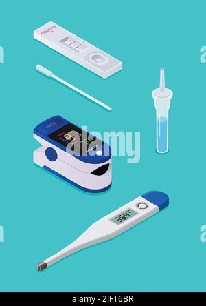 Rapid Antigen Test kit Set Isometric view. Vector illustration Stock Vector