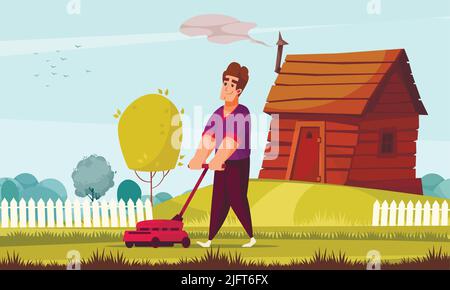 Daily routine flat background with man mowing lawn near his suburban house cartoon vector illustration Stock Vector