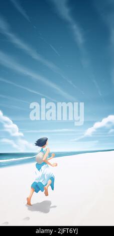 vector illustration in an anime style of a young woman running on a white sand beach with the background of a beautiful blue sky and clouds Stock Vector