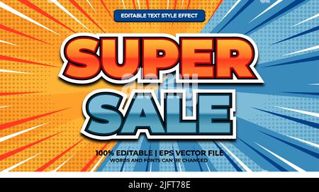 Super sale pop art cartoon comic style. Editable text effect 3d template Stock Vector