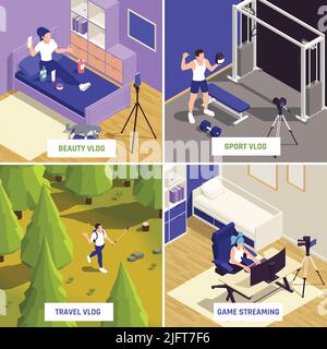 Blogging concept 4 isometric compositions with sport fitness vlogger travel beauty vlog recording game streaming vector illustration Stock Vector