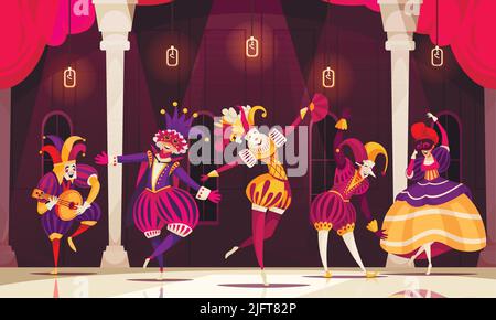 People wearing dresses and costumes of venetian jesters dancing and playing musical instrument at carnival in ball room cartoon vector illustration Stock Vector
