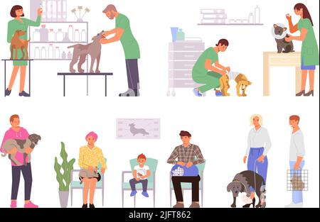 Veterinary clinic set of flat isolated icons characters of waiting pet owners and working medical specialists vector illustration Stock Vector