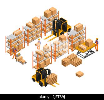 Movers use forklift trucks to move cardboard boxes inside the warehouse vector isometric illustration Stock Vector