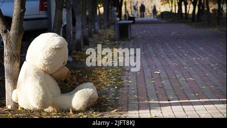 Kyiv, Ukraine March 11, 2022: A large teddy bear thrown into the garbage sitting near a dumpster Stock Photo