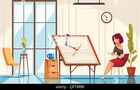 Creating Project flat background with female architect sitting near drawing desk cartoon vector illustration Stock Vector