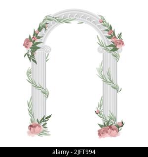 Antique greek columns arch composition beautiful white stone archway studded with flowers and vines vector illustration Stock Vector