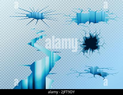 Ice cracks realistic set with isolated images of different holes in ice canopy on transparent background vector illustration Stock Vector